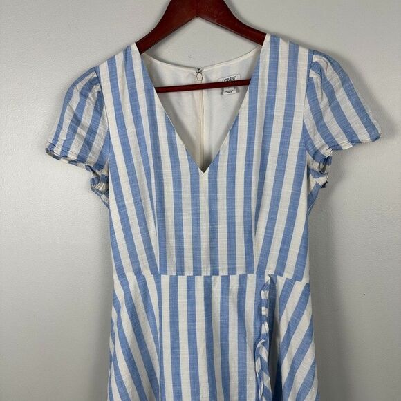 J. Crew White Blue Stripe Faux Wrap Short Sleeve V-Neck Dress Size 2 Cotton - Picture 2 of 5